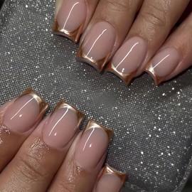 MISUD Short Press on Nails Square Fake Nails Glossy Glue on Nails Gold Chrome Acrylic Nail Supplies Squoval Artificial Nail Art French Tip Stick on False Nails with Design DIY 24 pcs