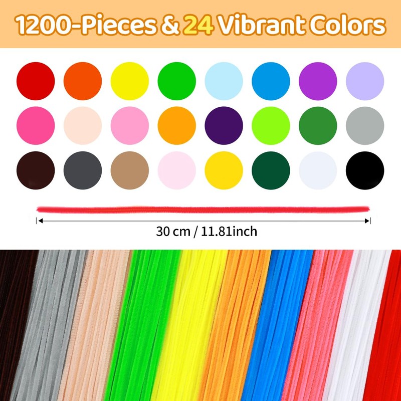 AIZANYU 1200pcs Pipe Cleaners Bulk. 24-Color Chenille Stems for Craft.
