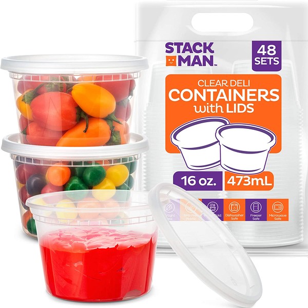 Stack Man - DC1648 [48 Pack, 16 oz] Plastic Deli Food Storage Soup Containers With Airtight Lids, Freezer Safe | Meal Prep | Stackable | Leakproof | BPA Free, Clear