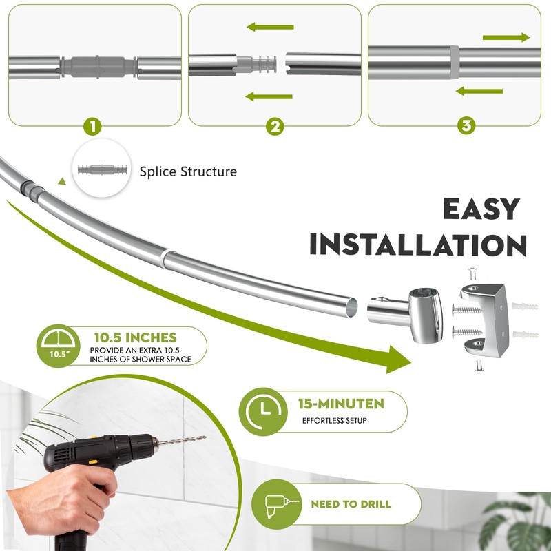 Curved Shower Curtain Rod， Adjustable 33-78 Inches Silver All Stainless