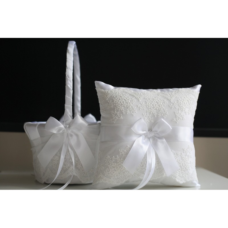 Alex Emotions White Flower Girl Basket & Ring Bearer Pillow