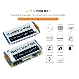 2.13inch E-Ink Display HAT V4 Version Compatible with RPi 5/ 4B/3B+/3B/2B/A+/Zero W/Zero 2 W/Pico W/Pico 2WJetson Nano, 250x122 Pixel e-Paper HAT, SPI Interface, Support Partial Refresh