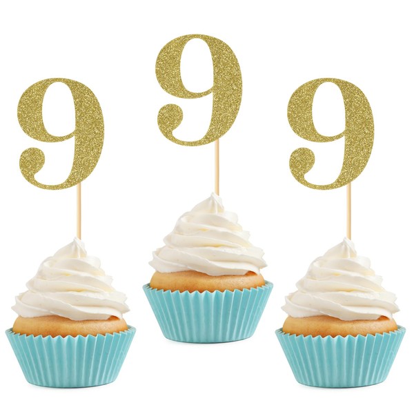 24 piezas de adornos para cupcakes de noveno cumpleaños con purpurina número 9, púas para cupcakes de nueve aniversario, 9 años, suministros para decoración de cupcakes, color dorado