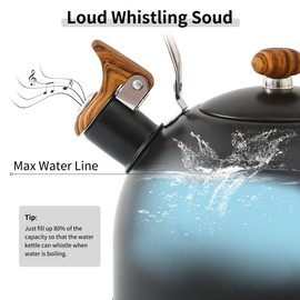 LONFFERY Tea Kettle, 2.5 Quart Whistling Tea Kettle, Tea Pots for Stove Top Food Grade Stainless Steel with Wood Pattern Folding Handle - Black