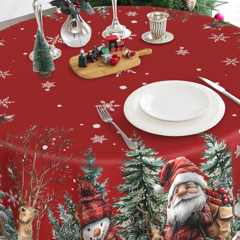 Round Christmas Tablecloth 60 inches - Red Snowman Table Cloth