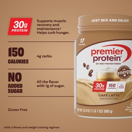 Premier Protein Powder, Café Latte, 30g Protein, 95mg Caffeine for Energy, No Added Sugar, 100% Whey Protein, Keto Friendly, Soy & Gluten Free, 23.9 oz (17 Servings)