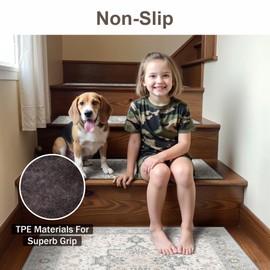 sarben Carpet Stair Treads Non Slip 15PCS, 8" X 30" Edging Stair Runner for Wooden Steps Indoor, Resistant Stair Rugs with Reusable TPE Adhesive Backing, Residue Mat for Elders, Pets, Ashstone/Grey