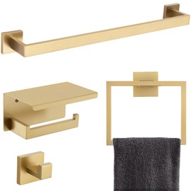 TQKAG Brushed Gold Bathroom Towel Bar Holder Sets Premium Stainless Steel 4-Piece Bathroom Hardware Set Wall Mounted Bathroom Toilet Paper Holder with Shelf Set.