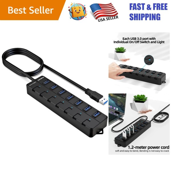 Unbranded Compact 7-Port USB 3.0 Splitter with Long Cable -