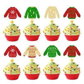 24 piezas de suéter feo con brillantina para cupcakes, adornos dorados, verdes y rojos, árbol de Navidad, ciervos, copos de nieve, cupcakes, púas de invierno, Feliz Navidad, Año Nuevo, festividades, fiestas, suministros de decoración de pasteles