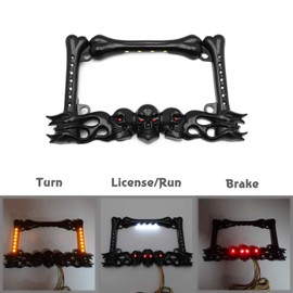 HTTMT- 3D Black Skull Flame Bone License Plate Frame w/LED Run Brake Turn Compatible with H-D Kawasaki [P/N: MT294-006A-BK]