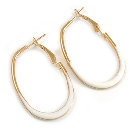 40mm Tall/Gold Tone with White Enamel Oval Hoop Earrings/Medium Size