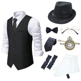 OSEMIOKA 1920s Mens Gatsby Gangster Vest Great Gatsby Gangster Costume for Men Roaring 20s Accessories Set Fedora Hat Spats Black