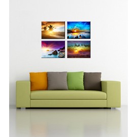 Beach Theme Decor for Bedroom, PIY HD Beautiful Sunset Sea Wall Art, Colorful Canvas Prints Home Decorations (4 Piece 1" Thick Frame, Waterproof Artwork, Bracket Mounted Ready to Hang)