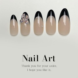 French Tip Press on Nails Black Almond Fake Nails Medium Bow Acrylic Nails Glossy Glue on Nails Nature Stick on Nails Artificial False Nails with Pearl Designs for Women Girls 24 Pcs