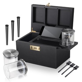 TEESSFROOD Large Black Bamboo Box with Combination Lock, Wooden Storage Box with Detachable Compartment, Decorative box with Alright Jars & Brushes & Storage Tubes as Gift