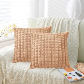Hnayet Pack of 2 Faux Fur Cushion Covers 45 x 45 Plush Fluffy Decorative Square Throw Pillow Case for Sofa Couch Chair Livingroom Bedroom, 18 x18 Inch, Camel