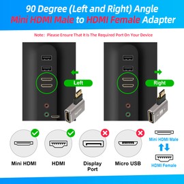 90 Degree Mini HDMI to HDMI Adapter 2 Pack, Flat Right Angle (Left and Right) Angle Mini HDMI Male to HDMI Female L-Shaped Converter Connector Support 8K@60Hz,4K@120Hz for Raspberry Pi Zero, Monitor