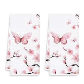 FOPENEM Pink Oriental Cherry Blossom Kitchen Towels Set of 2, Aesthetic Butterfly and Flower Hand Towels for Bathroom Decor, Rustic Pink Floral Dish Tea Towels for Kitchen Decor, 16x24 Inches