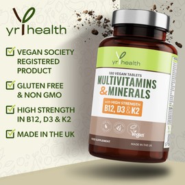 Vegan Multivitamins & Minerals with Vitamin B12, D3 & K2, Zinc and Iron, 180 Vegan Society Registered Tablets for Men and Woman, 6 Month Supply - Made in The UK by YrHealth