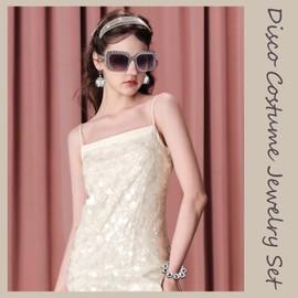 FIRSAUKI 70s Disco Jewelry Set for Women Disco Earrings Sequin Scarf Sunglasses Diamond Bracelet Headband Costume Jewelry FD