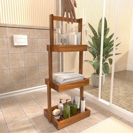 promitop Teak Shower Shelf Bathroom Organizer - 3 Tier Multipurpose Shower Caddy with Non-Slip Base, Rustproof Durable Standing Towel Rack Toilet Paper Roll Holder for Bathroom Livingroom