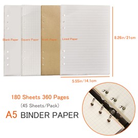 DY.2ten A5 6-Hole Binder Notebook Refills Set -(Gridded Paper Refills + Lined Paper + Kraft Paper + Blank Loose Leaf Paper) 180 Sheets /360 Pages（45 sheets of each type） A5 Storing Bag