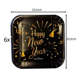DECORAMI Happy New Year Paper Plates, 2023, Pack of 6, Diameter 23 cm, Celebration, Cardboard/Paper, Sustainable, New Year's Eve Party Tableware, Disposable Plates, Black Gold
