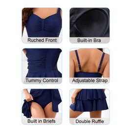 Halcurt Womens One Piece Swimsuit Ruched Tummy Control Swimdress Ruffle Bathing Suit Skirt with Hipster Navy L