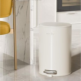 MRBIN Metal Bathroom Trash Can with Lid, 12L / 3.2gal Step Waste Basket for Bedroom, Round Kitchen Garbage Pail with Plastic Inner Bucket and Stainless Steel Pedal, Cream White
