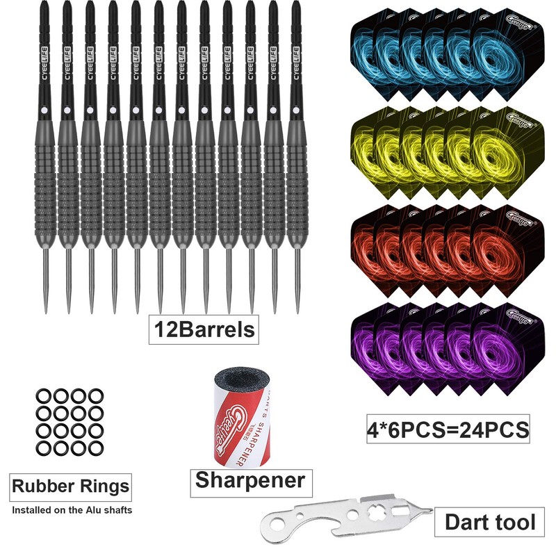 CyeeLife Steel tip Darts 22g+16 Flights+Sharpener+Dart Tool+12Aluminium shafts with Rubber