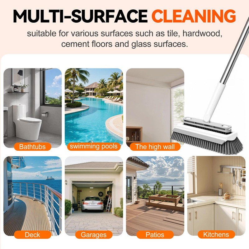 3-in-1 Floor Scrub Brush with 55” Long Handle, V-Shape &
