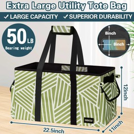DSDCDJ Sturdy Extra Large Utility Tote Bag with Hard Bottom & Hard Sides, Collapsible Oversized Tote Bag with Handles for Grocery, Beach, Picnics, Camping, Laundry, Car (22.5"x11"x12", Twill Green)