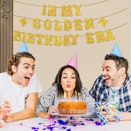 In My Golden Birthday Era Banner, Happy Golden Birthday Party Decorations, Glitter Gold Banner for 18th 21st 30th Birthday Party Supplies