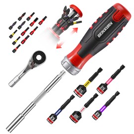 GEINXURN 19-Piece Ratchet Screwdriver and Bit Holder Removable Ergonomic Handle with Bits Storage Surface Includes 12-Piece Bit Set (PH/PZ/Torx/Hex/SL), Socket Wrench, Mini Ratchet Wrench