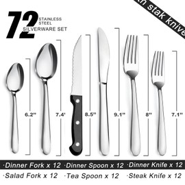 Pleafind 72-Pieces Silverware Set for 12, Flatware Set with Triple Rivet Steak Knives, Stainless Steel Cutlery Set, Include Forks Spoons and Knives Set, Utensil Sets for Home Restaurant