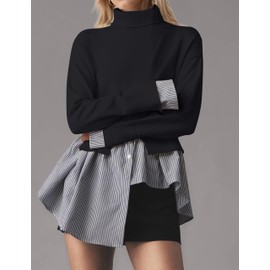 SHBECYDE Women Turtleneck Slit Patchwork Knit Pullover Sweater 2 in 1 Asymmetrical Hem Striped Button Down Shirt Tops Black