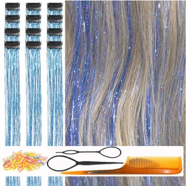 CelineBella Hair Tinsel Clip in Lake Blue Fairy Hair for Kid Christmas New Year(24 Inch Pack of 12Pcs, Lake Blue)