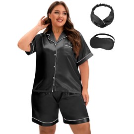 MORFORU Silk Pajamas for Women 2 Piece Plus Size Satin Pajama Set Short Sleeve Pj Shorts Button Down Pjs Lounge Sets xl-5x (Black,3XL)