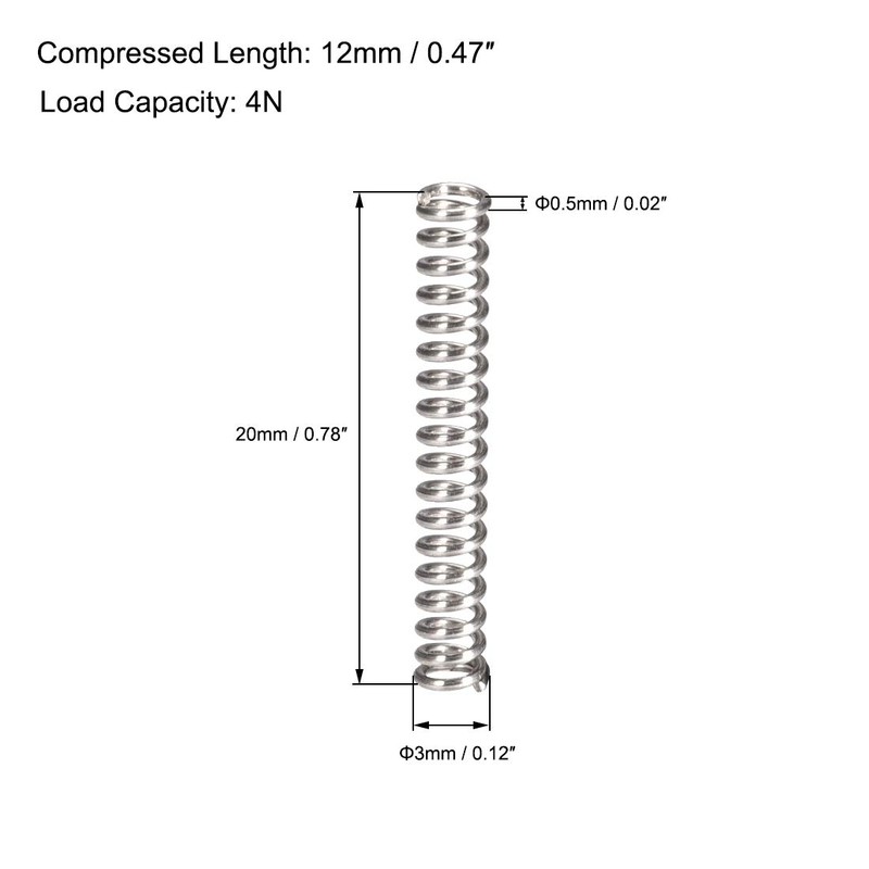 sourcing map Compression Spring,304 Stainless Steel,3mm OD,0.5mm Wire Size,12mm Compressed