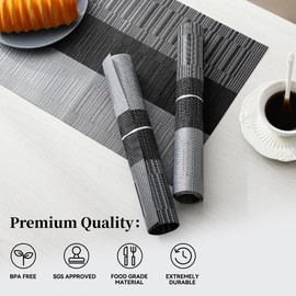 Leetaltree Grey with White Striped Placemats Set of 12 - Heat Resistant Non-Slip Place mats for Dining Table, Washable Durable PVC Vinyl Woven Table Mats（Grey Stripe, 12）