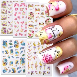 Flower Nail Art Stickers Women Spring Summer Embossed Floral Leaves Holographic Manicure Decals Self Adhesive DIY Decorations Supplies 5 Sheets