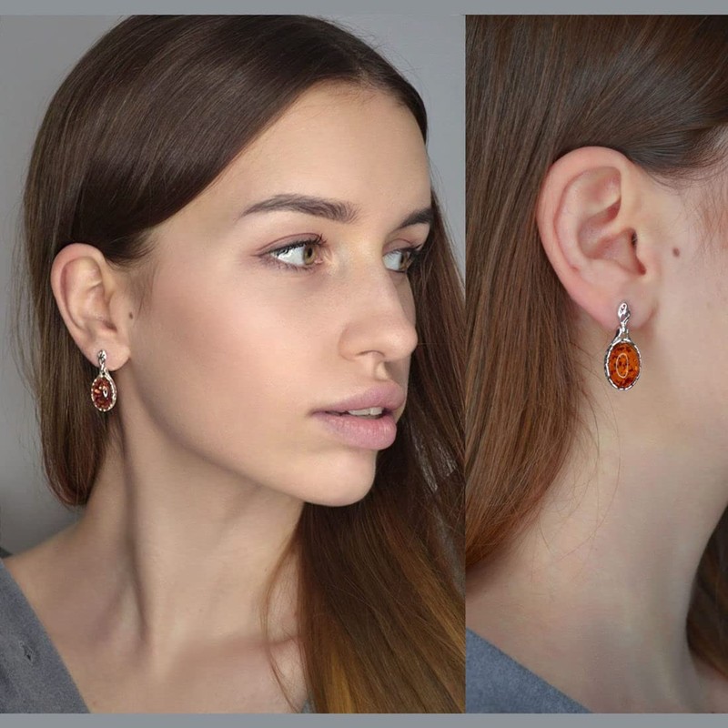 Sterling Silver Baltic Honey Oval Amber Earrings