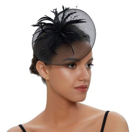 SJTJSPX Fascinators Hat Women's Headpiece Cocktail Tea Party Organza Wedding Church Headpiece Mesh Feathers Clip Elegant Vintage Veil Christmas Birthday Carnival Headband, black