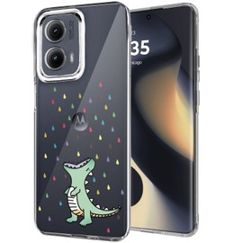 Unov Case Compatible with Motolora Moto Edge 5G 2024 Case Clear with Dino Rainbow Dinosaur Dragon Design Embossed Flower Pattern Soft TPU Bumper Slim Protective