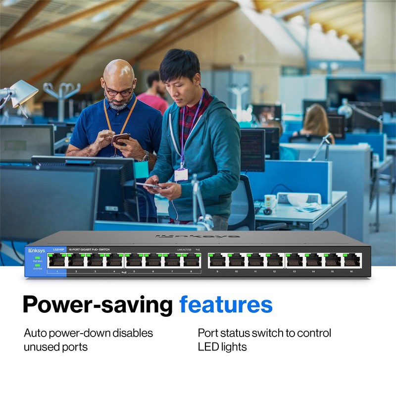 Linksys LGS116P 16 Port Gigabit Unmanaged Network PoE Switch with