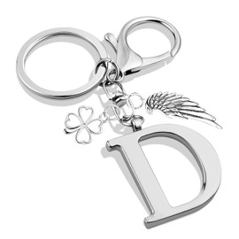 YasJess Keyring Letter with Four Leaf Clover and Wings Name Initial Gift for Partner Mother Father, silver