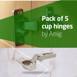 Amig - Pack of 10 Straight Cup Hinges | Nickel-Plated Steel | for Furniture and Kitchen Cabinet Doors | Ø35 mm | 110° Opening | Silver