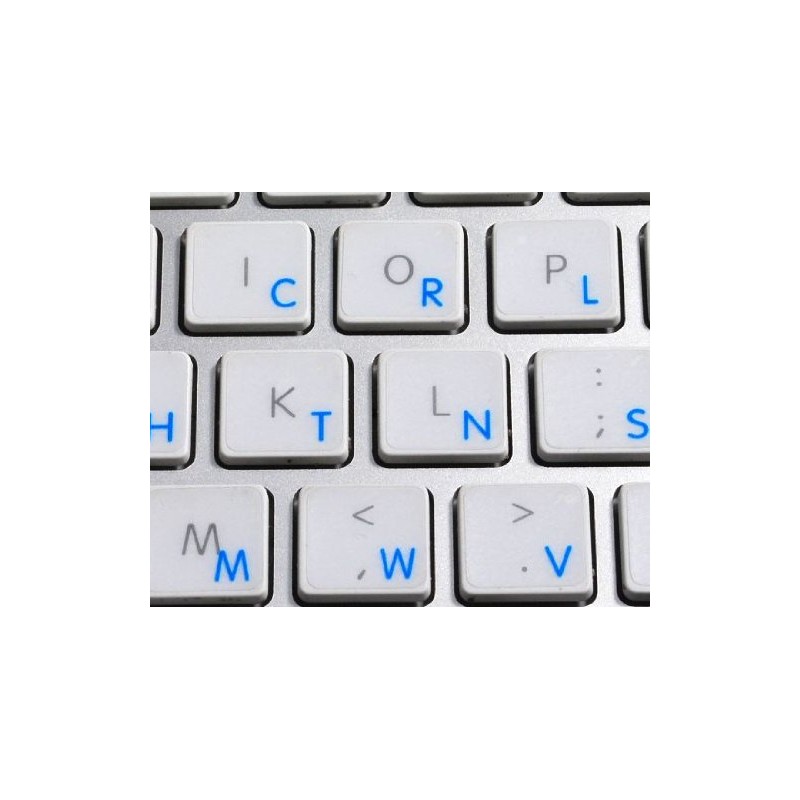 DVORAK STICKY LABELS for KEYBOARD with BLUE LETTERING TRANSPARENT BACKGROUND