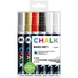Molotow MO200472 Chalk Marker 4 mm Basic Set 1, Refillable, Assorted, Case of 6, Metallic Silver/Metallic Gold/Red/Black/2 White